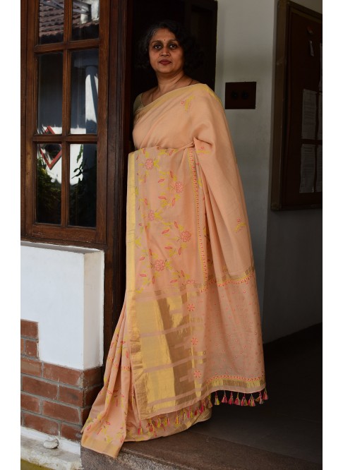 Orangish Pink, Handwoven Organic Cotton, Plain Weave , Hand Embroidery, Occasion Wear, Jari, Chikankari Saree